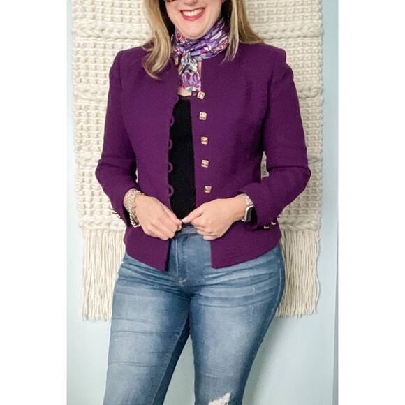 Vintage Herbert Grossman 100% Wool Purple Collarless Blazer Jacket size 10P MP - Picture 7 of 8